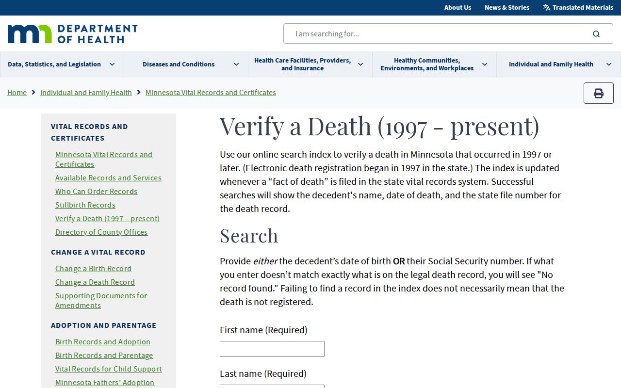 Chanhassen resident lookup Minnesota death verification search fields
