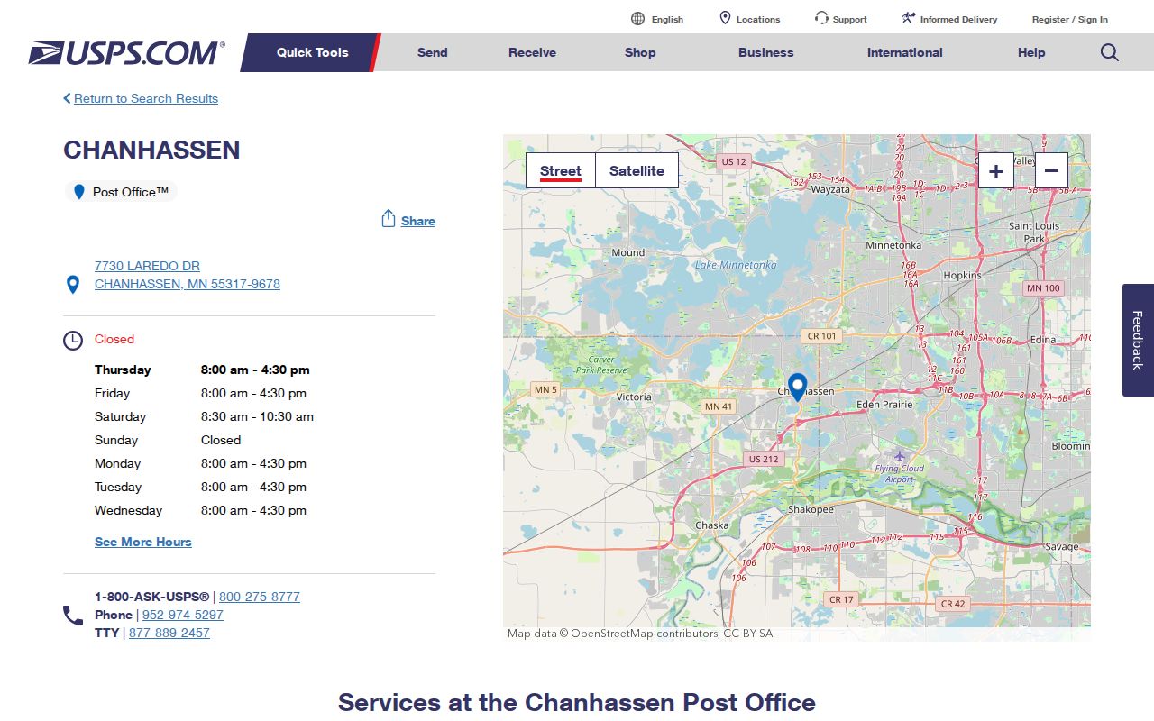 Chanhassen ZIP code directory USPS facility record for 55317