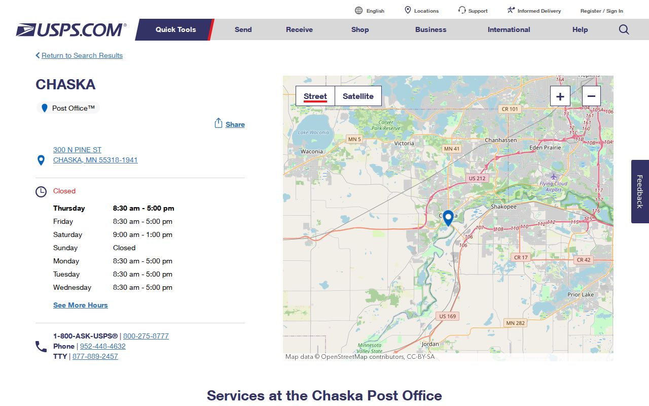 Chanhassen ZIP code directory USPS facility record for 55318